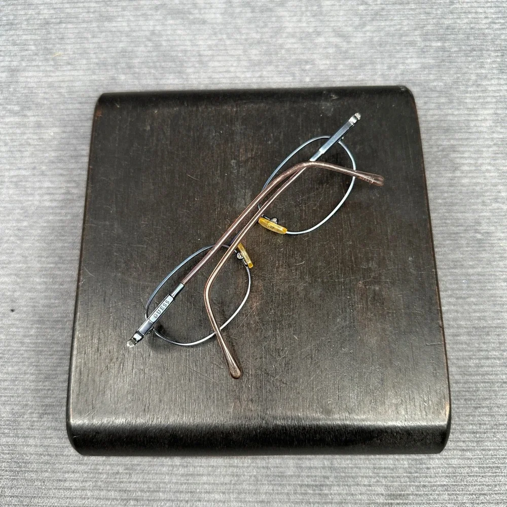 Guess Oval Y2K Eyeglasses Gunmetal Blue Metal Frame Bronze Temples Vintage Style